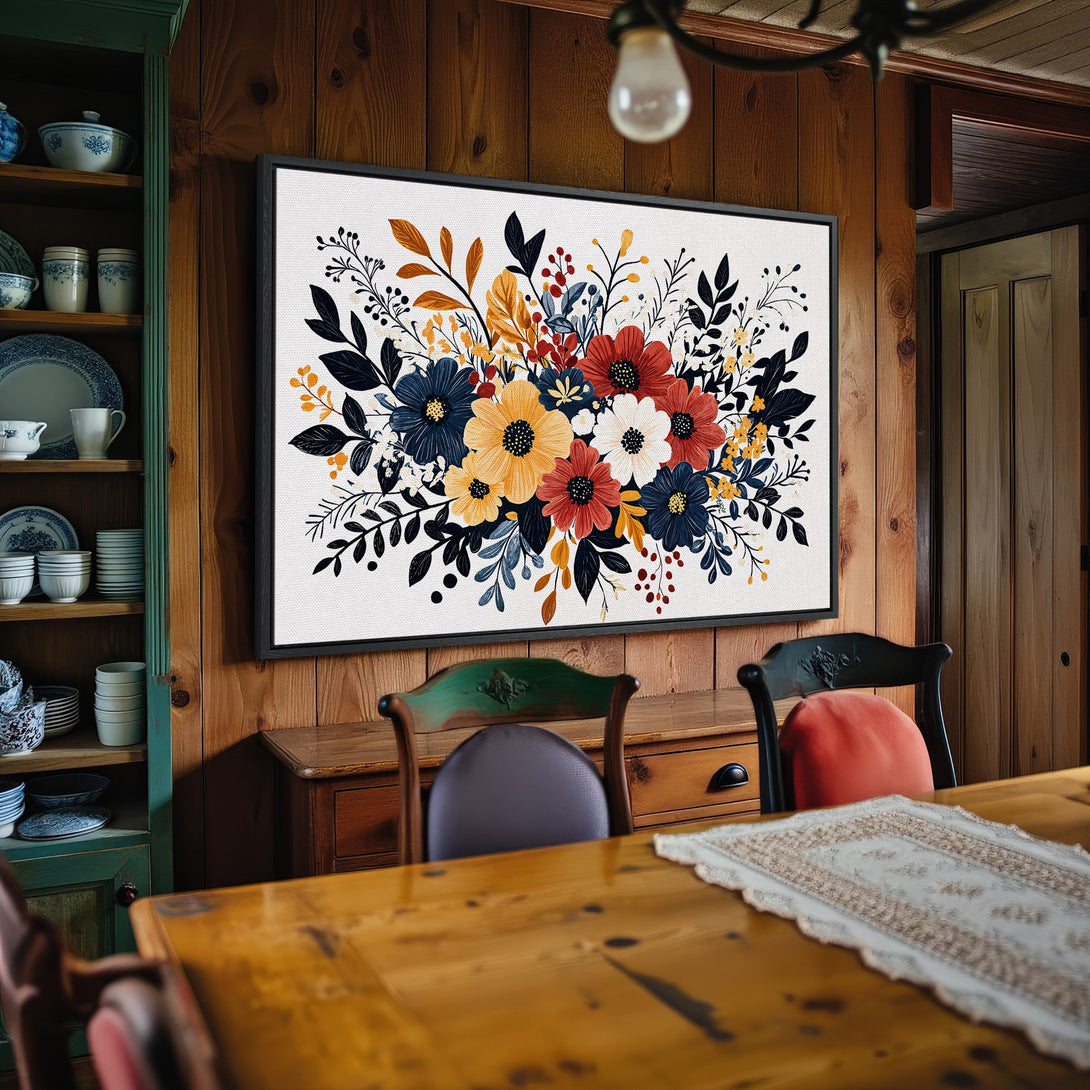Framed Wall Art featuring a floral design with a warm color palette of reds, blues, and yellows. Rustic style canvas print perfect for home decor.