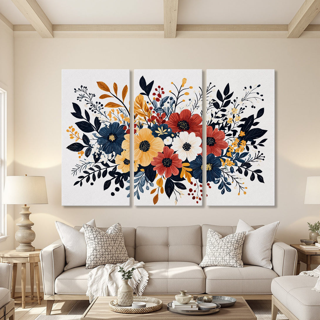 Canvas Print floral triptych in a warm, neutral interior. Features a botanical design with red, blue, and yellow hues. Perfect wall art for any space.