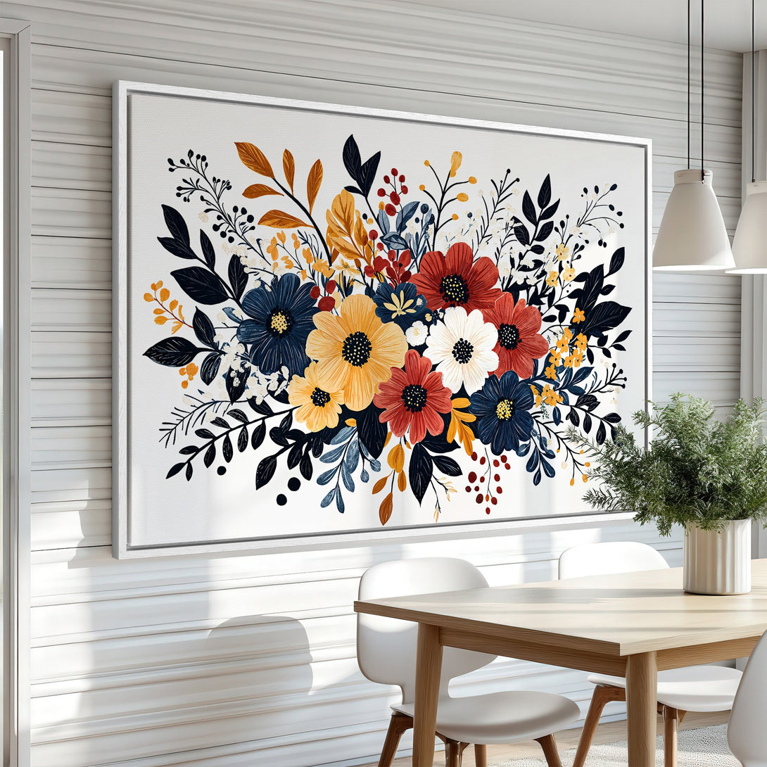 Framed Wall Art: Floral Canvas Print in a modern interior. Features a botanical design with a warm color palette of red, blue, gold, and white.