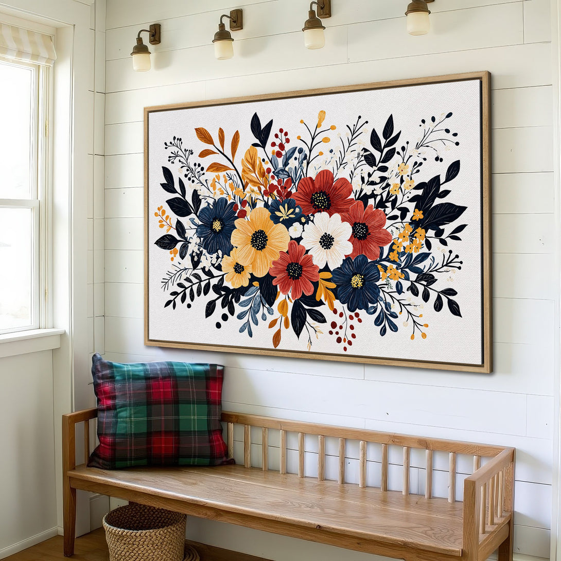 Canvas Print featuring a floral bouquet in a farmhouse style. Warm color palette of red, yellow, and navy blue.