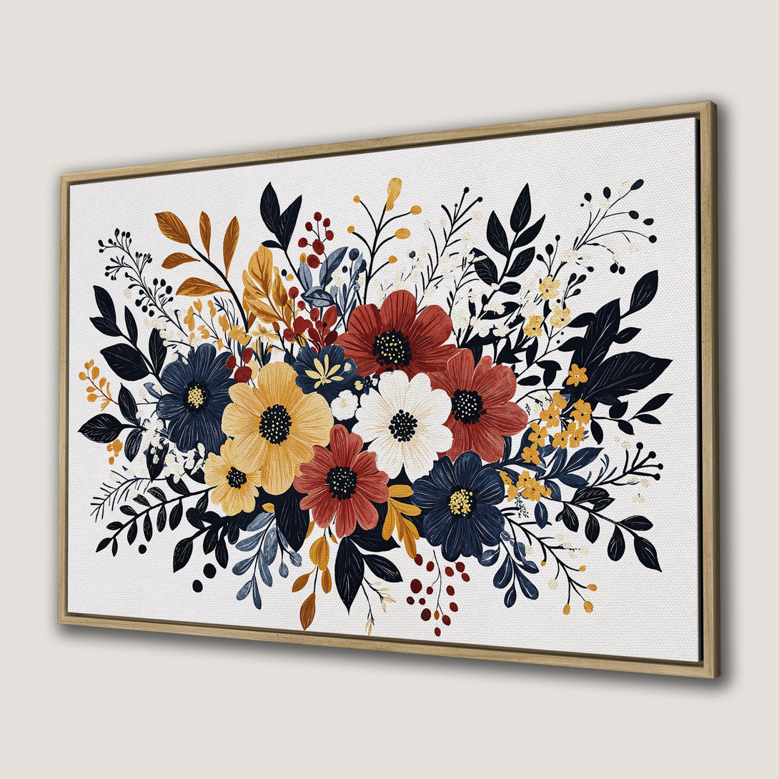 Framed Wall Art featuring a floral bouquet in a rustic style. Warm color palette with navy, red, and gold tones. Perfect for adding elegance to your space.