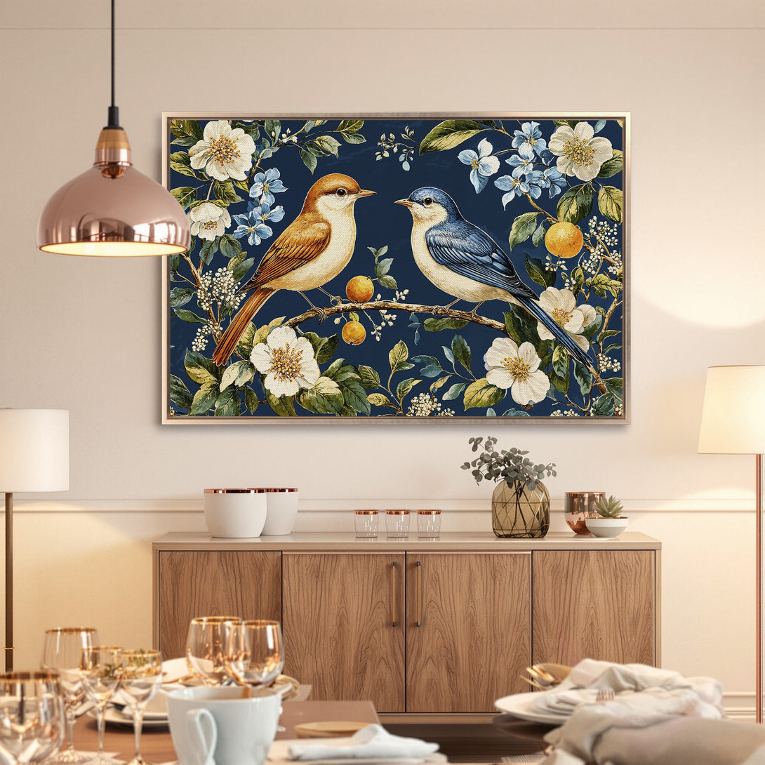Framed Wall Art: Vintage bird and floral Canvas Print in a dining room. Features a navy background with warm tones of brown, blue, and white.