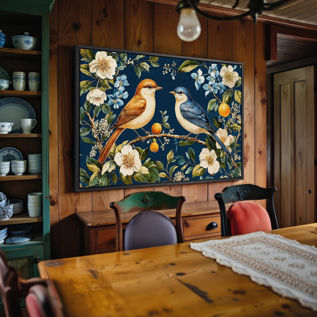 Framed Wall Art: Vintage-style canvas print with birds and floral design in blue, orange, and white. Adds a touch of nature to your home decor.