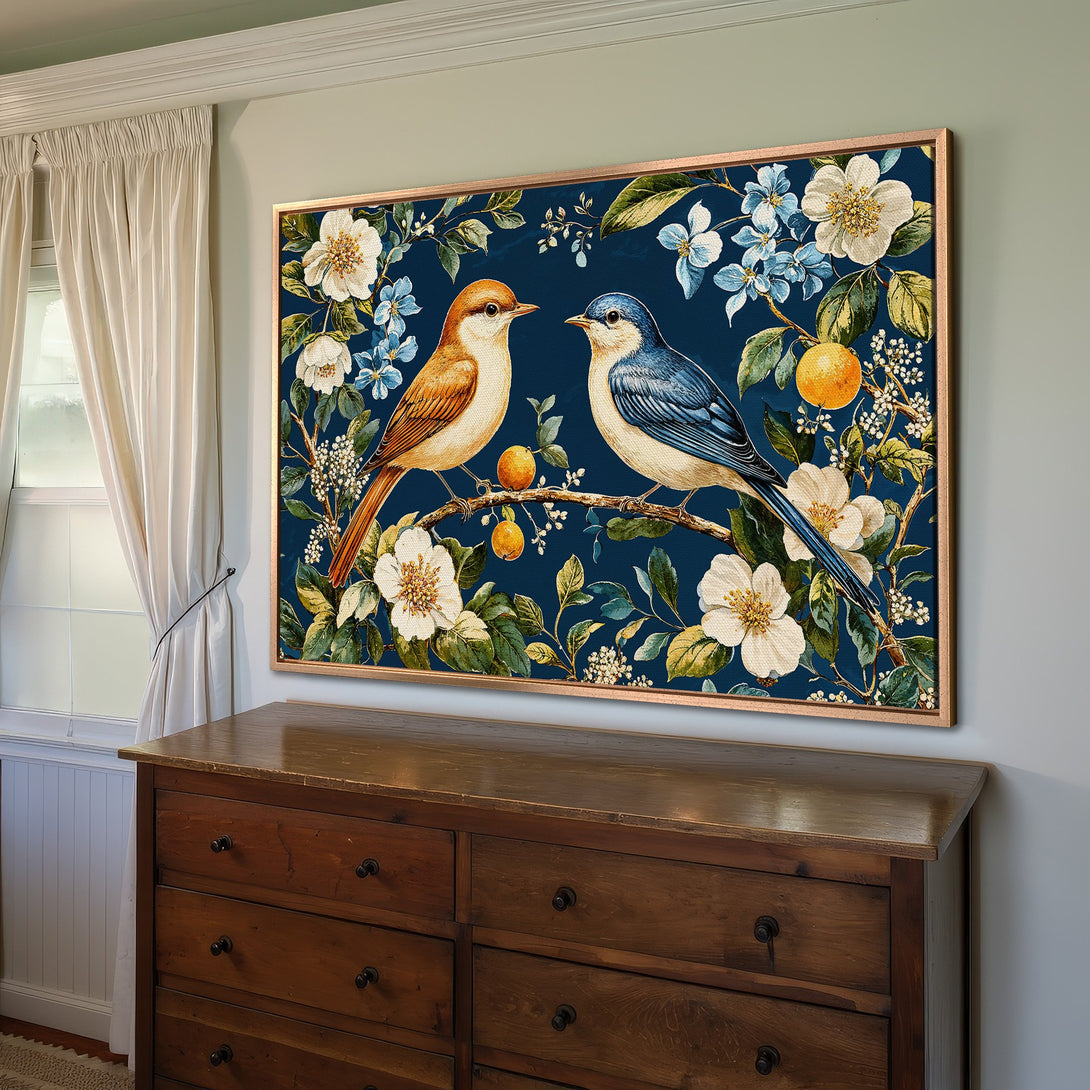 Framed Wall Art: Vintage-style bird & floral Canvas Print in blue, orange, and white. Perfect for adding a touch of elegance to your home decor.