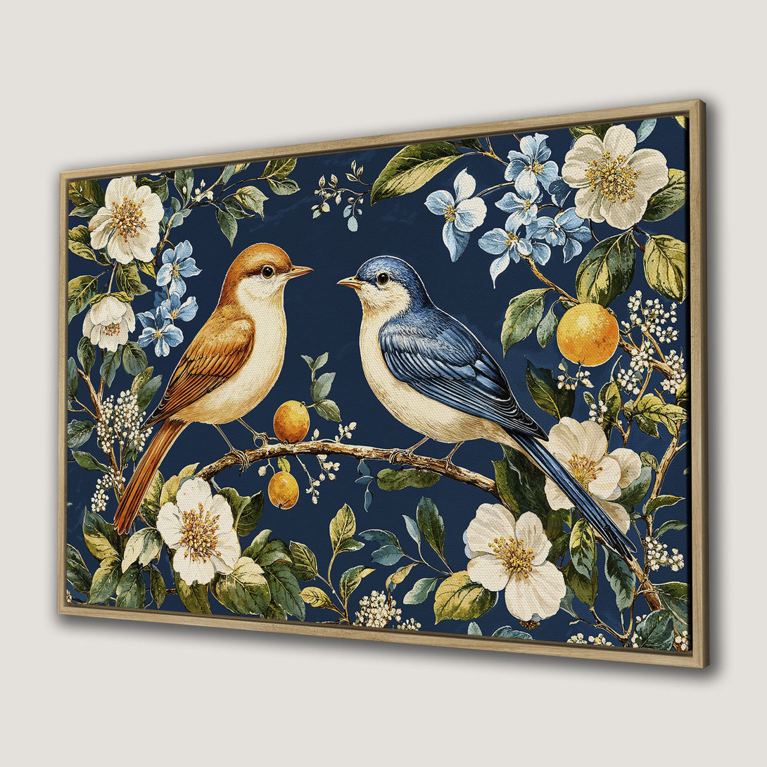 Framed Wall Art featuring vintage-style birds and floral design in a navy, brown, and white color palette. Perfect for adding a touch of elegance.