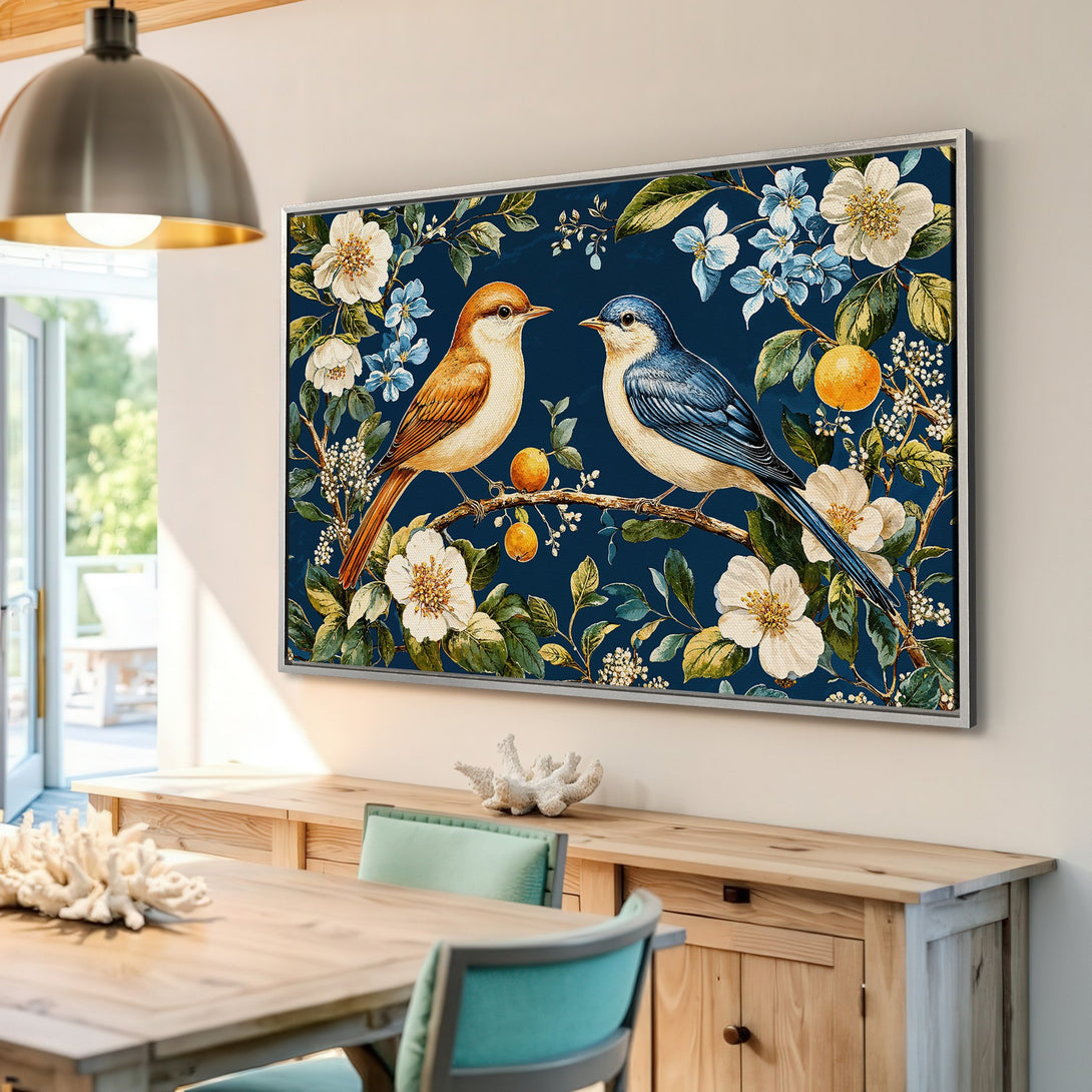 Framed Wall Art featuring vintage-style birds and floral design in a blue, white, and orange color palette. Perfect for adding a touch of elegance.