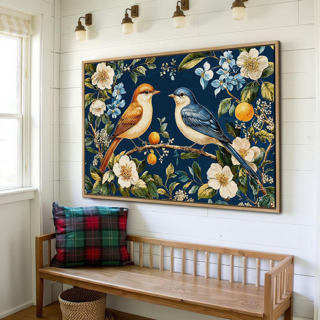 Framed Wall Art featuring two birds on a branch with flowers. Vintage style, navy blue background with warm, earthy tones. Adds elegance to any space.