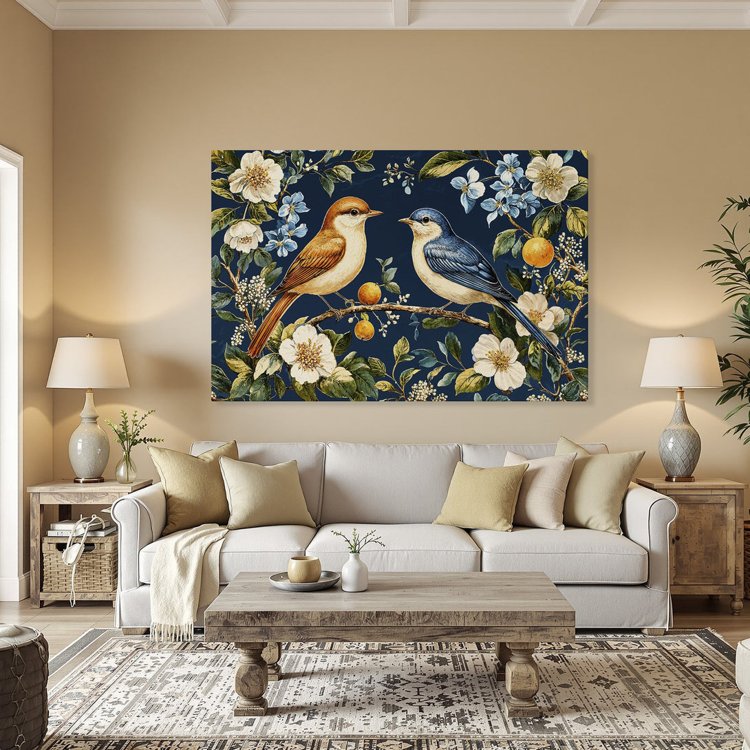 Framed Wall Art featuring two birds on a branch with flowers, in a vintage style. Rich blue, orange, and white color palette, perfect for home decor.
