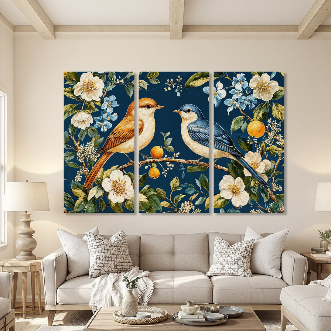 Canvas Print of birds on a branch with flowers. Vintage style art with a navy blue, cream, and orange color palette. Perfect wall decor!