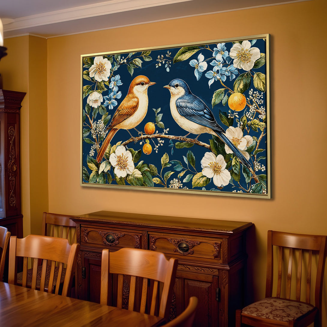 Canvas Print featuring two birds on a branch, floral design. Dark blue background, warm color palette. Perfect for living room decor!