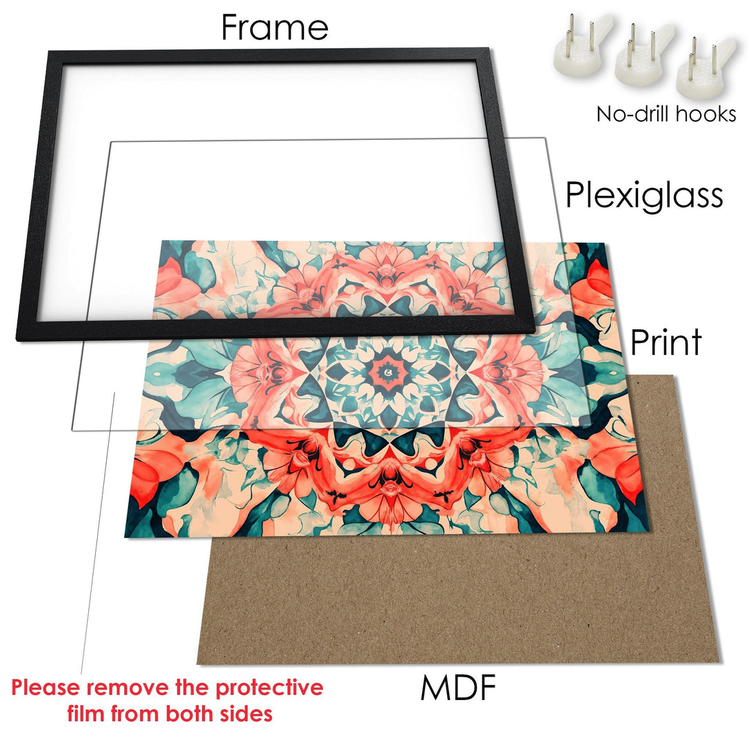Framed Poster featuring a floral design in watercolor style with a coral, teal, and beige color palette. Ready to hang!
