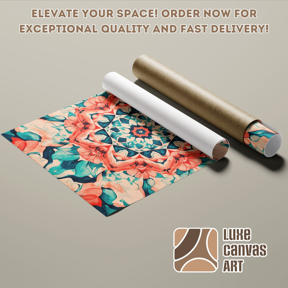 Abstract floral Poster Roll in teal, coral, and beige. Elevate your space!
