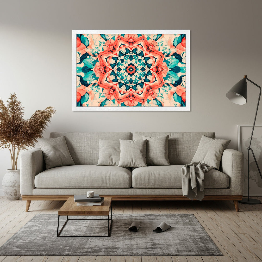 Framed Poster featuring a vibrant abstract floral design in coral, teal, and cream. Perfect art for modern home decor!