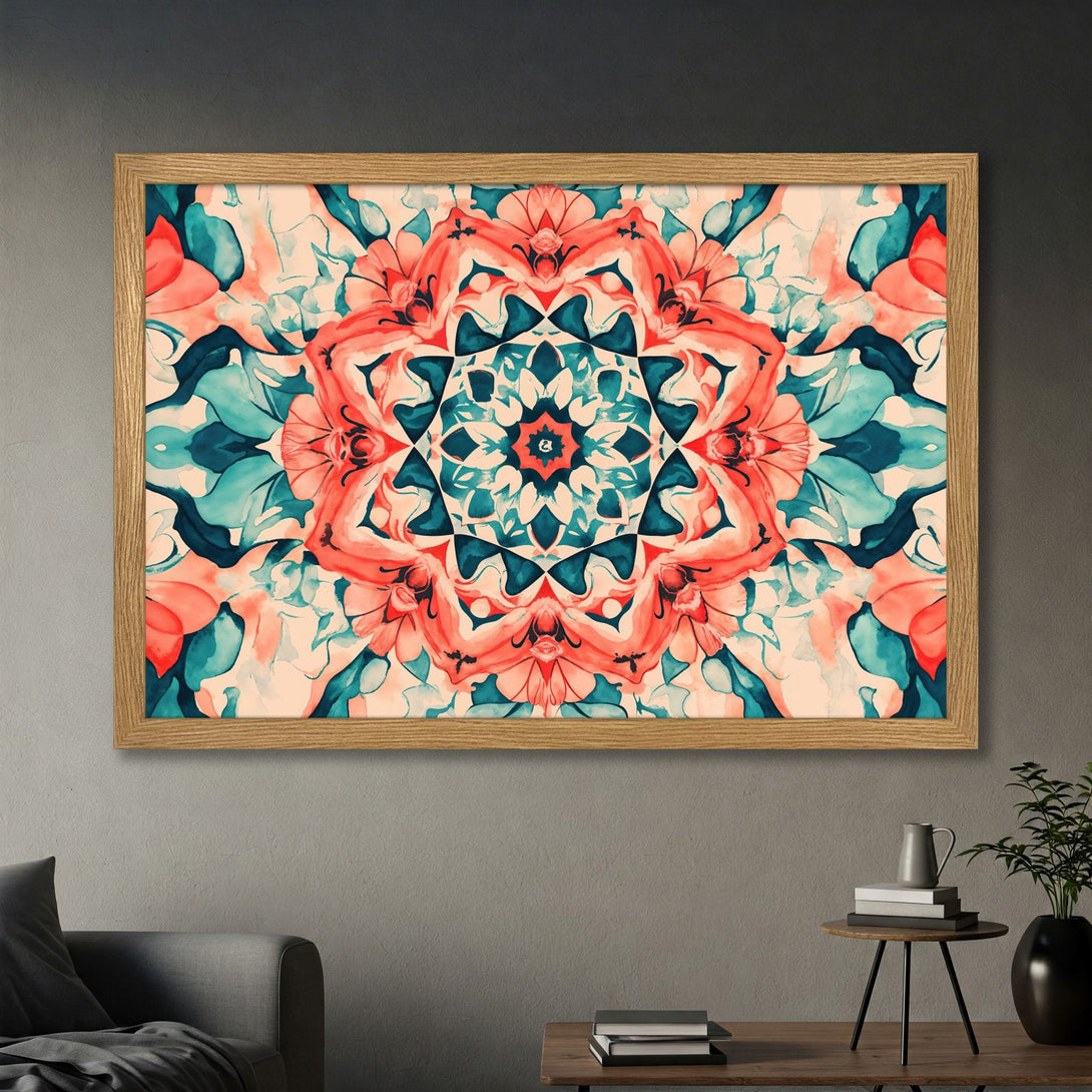 Framed Poster featuring a vibrant floral mandala design in watercolor style with coral and teal hues. Perfect wall art!