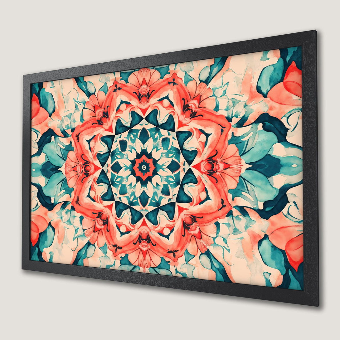 Framed Poster: Watercolor floral art in coral, teal, and cream. Modern wall decor, perfect for adding a pop of color to any space.