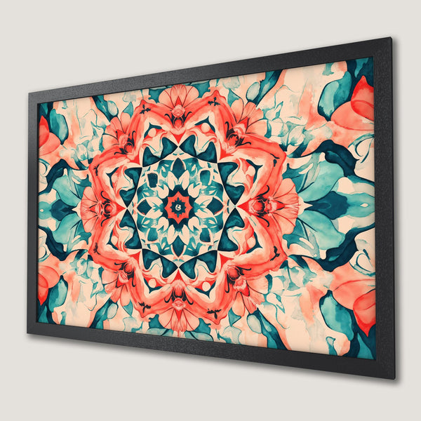 Framed Poster: Watercolor floral art in coral, teal, and cream. Modern wall decor, perfect for adding a pop of color to any space.