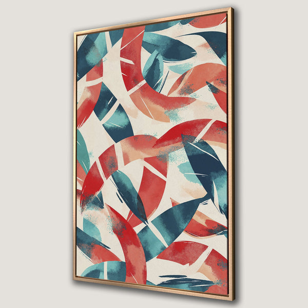 Framed Wall Art featuring an abstract design in a modern style. The artwork showcases a palette of red, blue, and cream colors. Perfect for adding a pop of color!