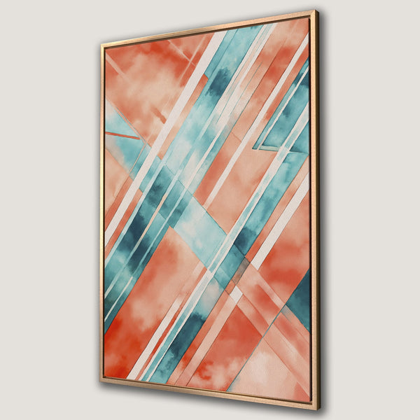 Framed Wall Art: Abstract watercolor design in coral, teal, and white. Modern geometric art for your home decor. Canvas Print with gold frame.