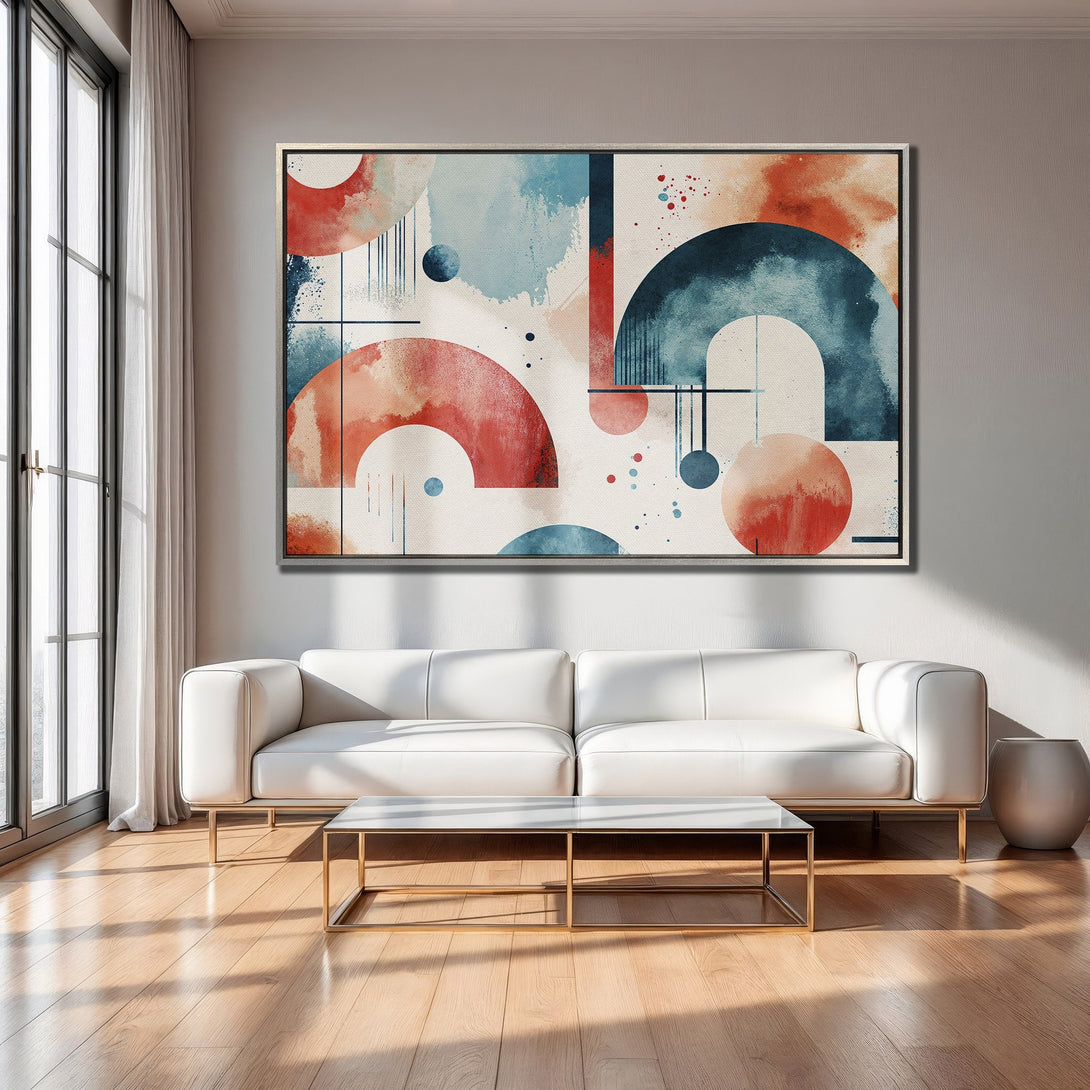 Framed Wall Art: Abstract geometric art in red, blue, and beige. Modern style canvas print adds color and sophistication to any room.