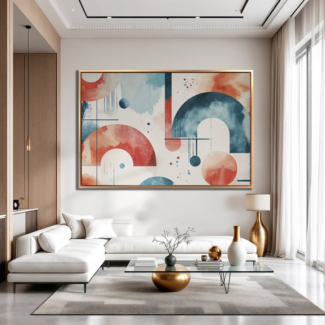 Framed Wall Art: Abstract geometric design in blue and orange hues. Modern Canvas Print adds a pop of color to any living room.