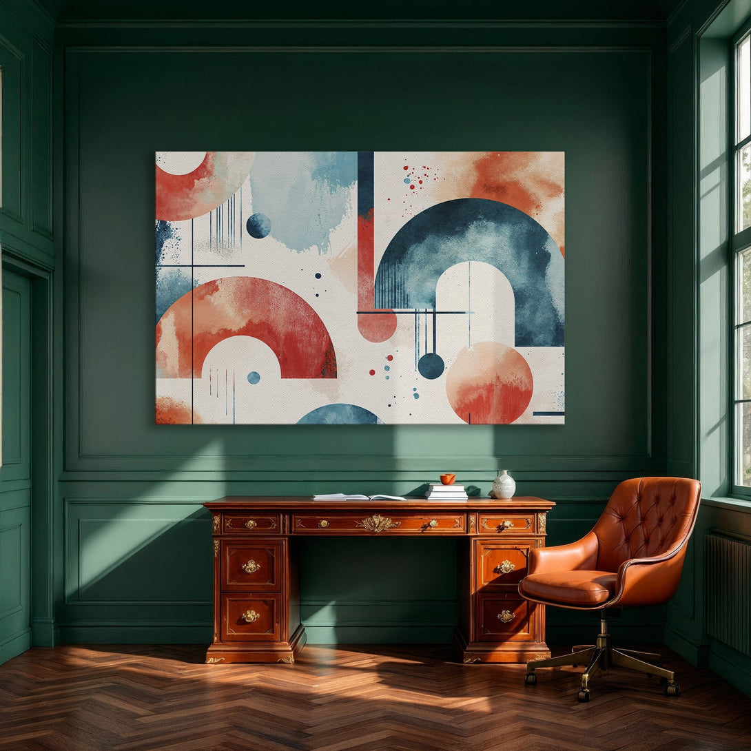 Framed Wall Art: Abstract watercolor print in red, blue, and cream. Modern art for dining room decor. Enhance your space with this canvas print!