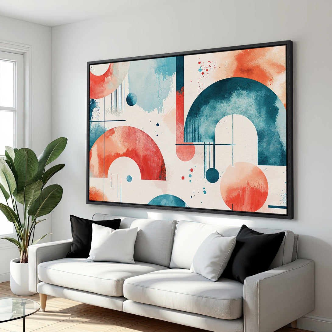 Framed Wall Art featuring abstract watercolor design in teal and orange hues, perfect for modern home decor. Shop our Canvas Print collection!