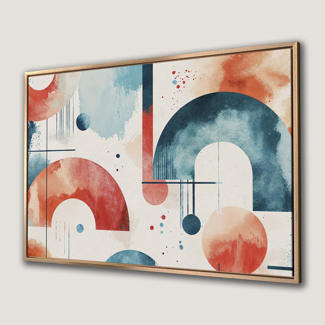 Framed Wall Art: Abstract geometric art in watercolor style. Features a warm color palette with blue, red, and peach tones. Perfect for modern decor.