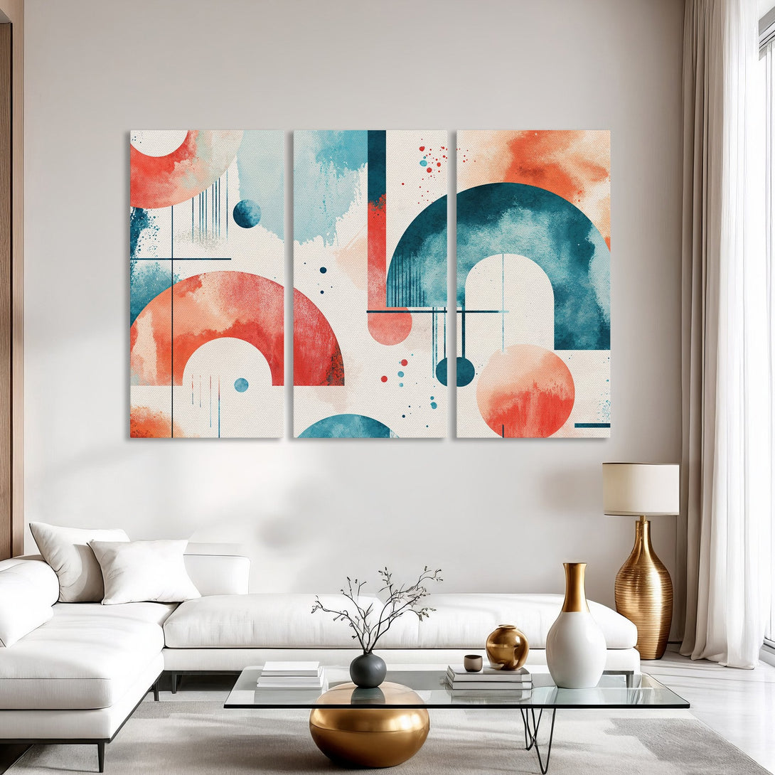 Abstract Canvas Print art with watercolor style in a modern interior. Features a warm color palette of red, blue, and beige.