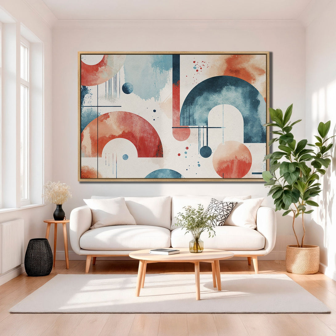 Framed Wall Art: Abstract watercolor canvas print in a modern living room. Features a geometric design with blue, red, and neutral tones. Perfect for home decor!