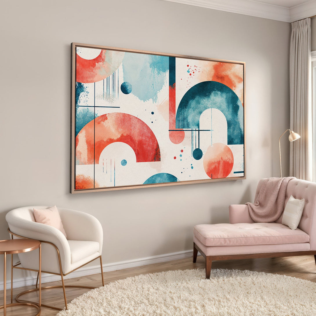Framed Wall Art: Abstract watercolor art in teal, coral, & cream. Modern geometric design for living room decor. Shop Canvas Prints for your home!