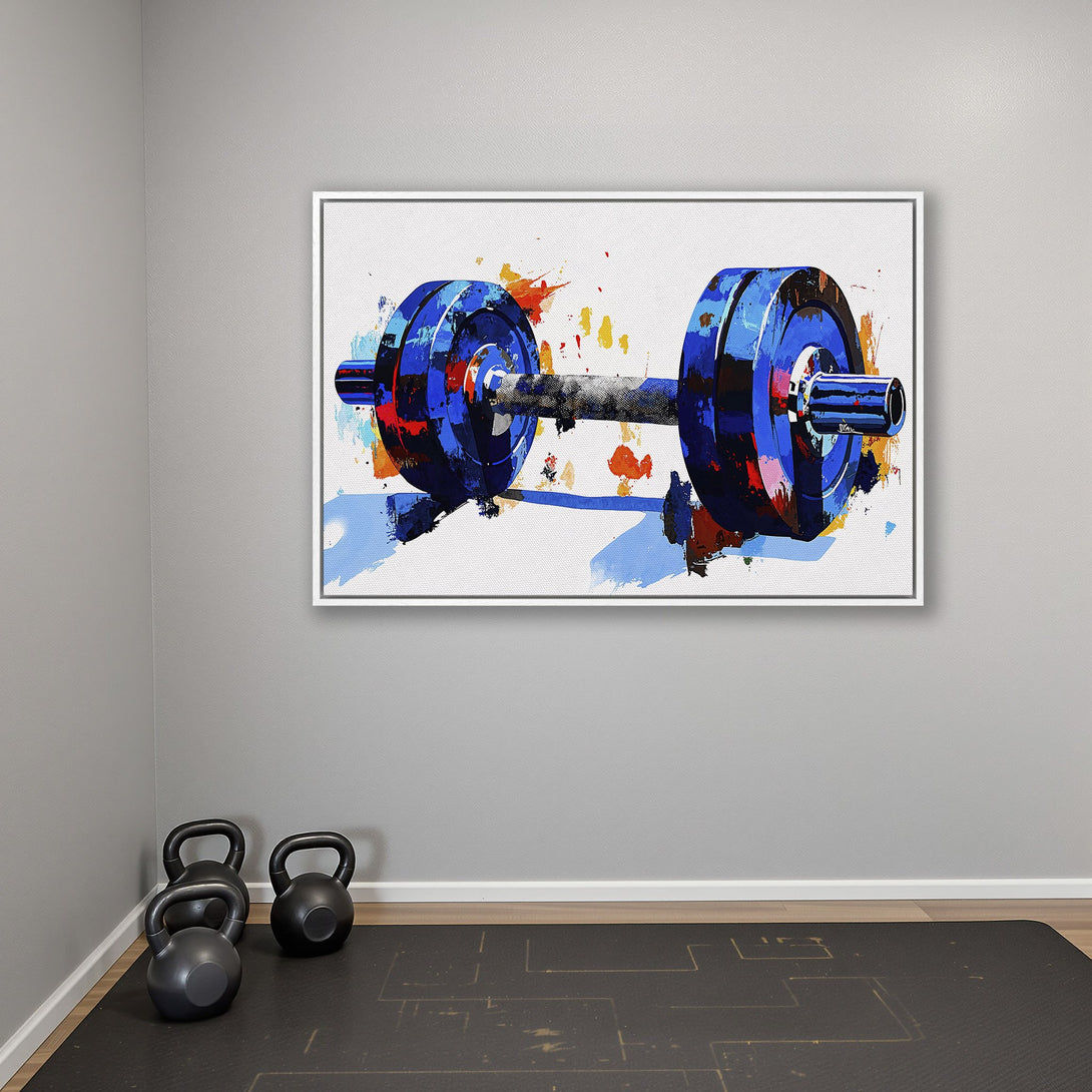 Framed Wall Art: Abstract blue dumbbell canvas print. Modern fitness decor with a vibrant, colorful palette. Perfect for home gyms!