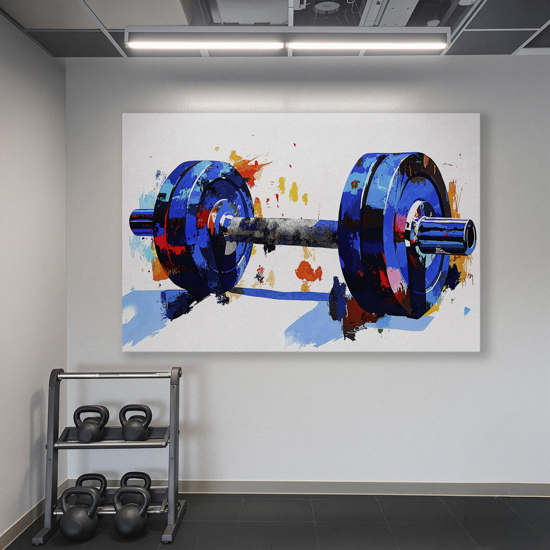 Framed Wall Art: Abstract barbell print in a gym setting. Bold blue, orange, and black brushstrokes on a white canvas. Perfect for fitness enthusiasts!