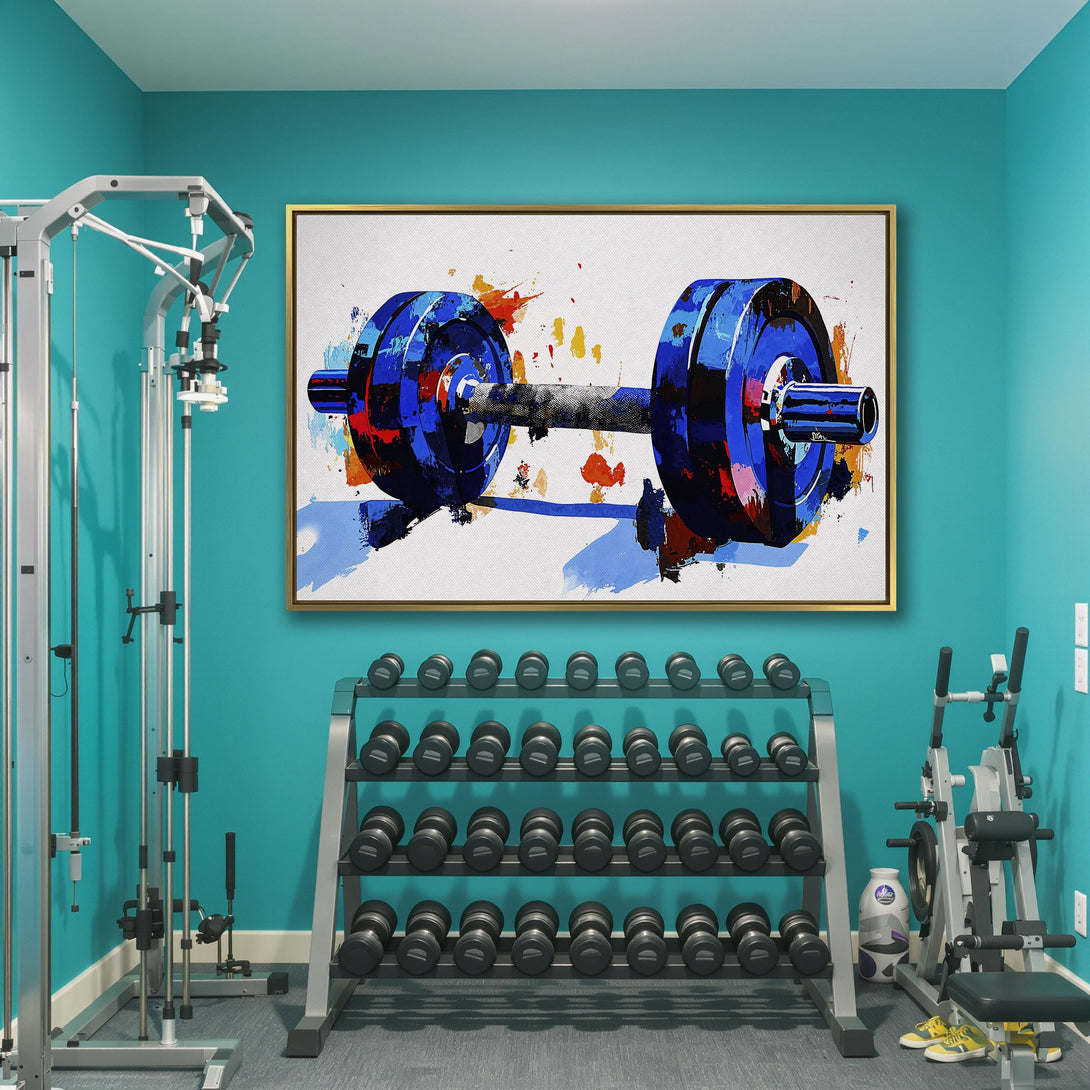 Canvas Print of a blue dumbbell in an abstract style, perfect for gym decor. Features a vibrant blue, orange, and white color palette.