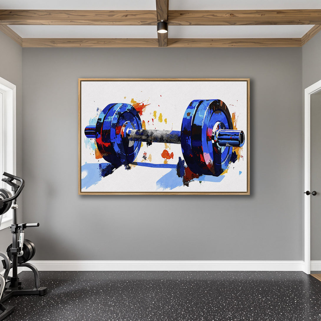 Framed Wall Art: Abstract dumbbell art in blue, orange, and red. Modern canvas print adds a pop of color to any home gym or workout space.