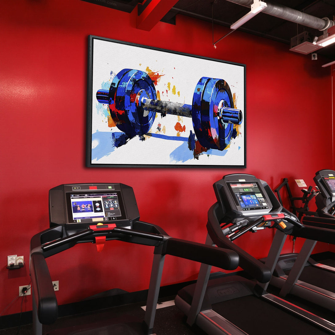 Framed Wall Art: Abstract dumbbell painting in blue, orange, and red. Modern art canvas print perfect for a gym or fitness studio.