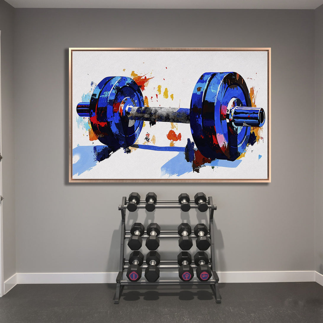 Framed Wall Art: Abstract blue dumbbell canvas print. Modern gym decor with a vibrant, colorful palette. Perfect for home fitness spaces.