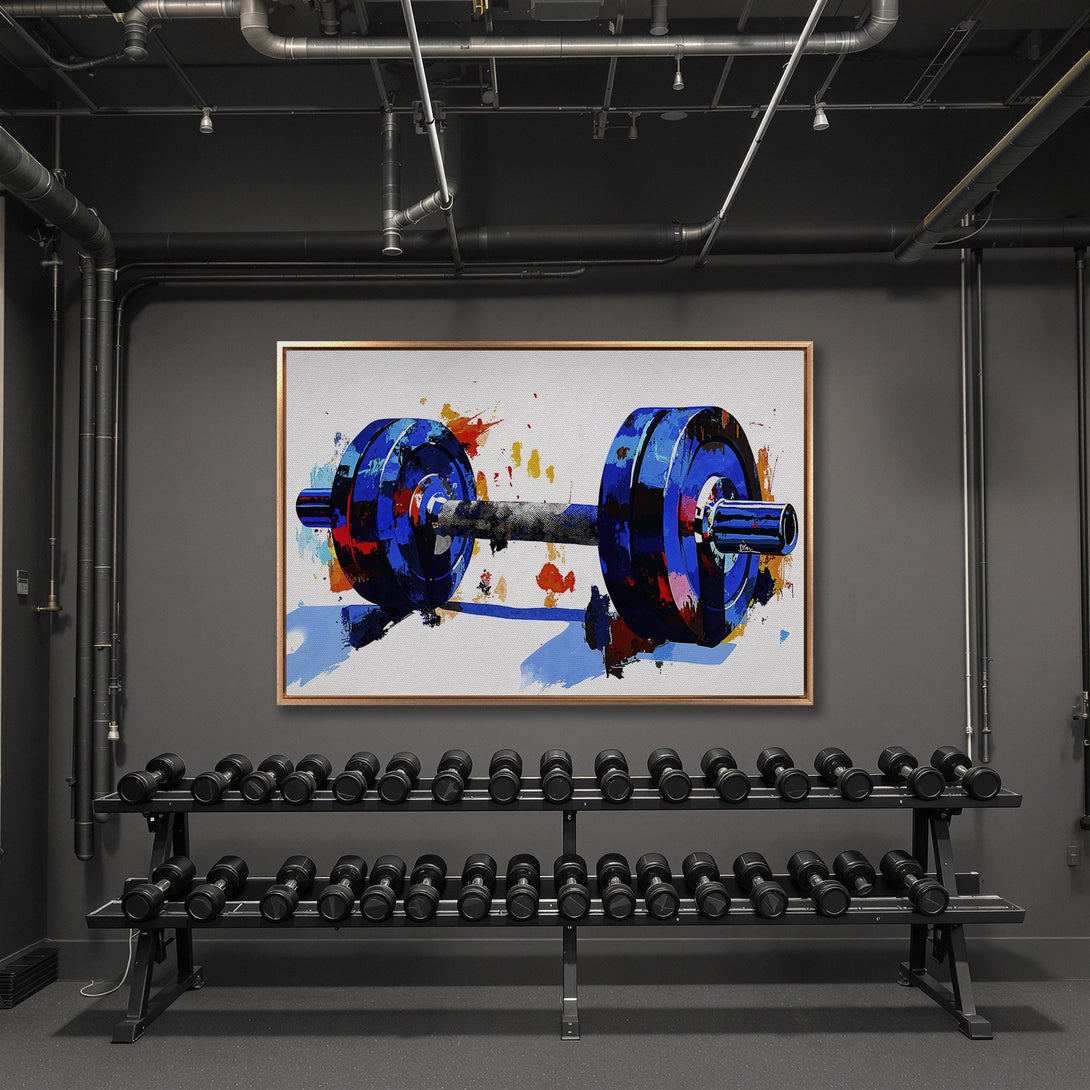 Framed Wall Art: Abstract barbell Canvas Print in a gym setting. Bold blue, red, and orange hues create a modern, energetic aesthetic. Perfect for fitness enthusiasts!