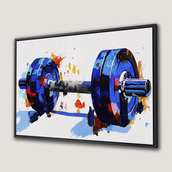 Framed Wall Art: Abstract dumbbell painting in blue, orange, and red. Modern fitness decor for home gym or workout space.