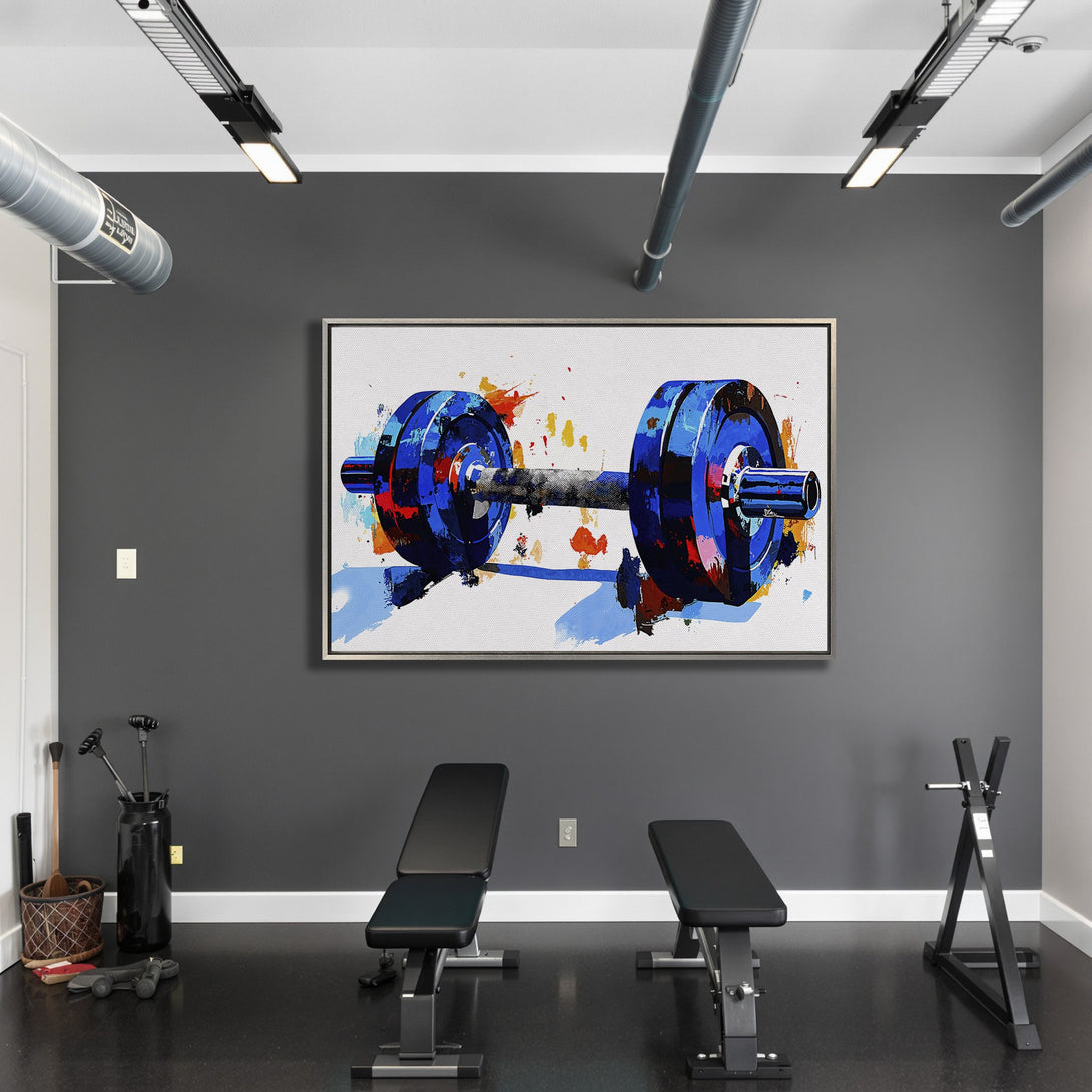 Framed Wall Art: Abstract barbell painting in blue and orange hues. Modern gym decor with a pop art style, perfect for a home fitness space.
