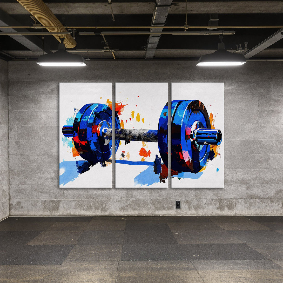 Abstract Canvas Print of a blue dumbbell, vibrant pop art style with blue, orange, and red accents. Perfect gym wall decor.