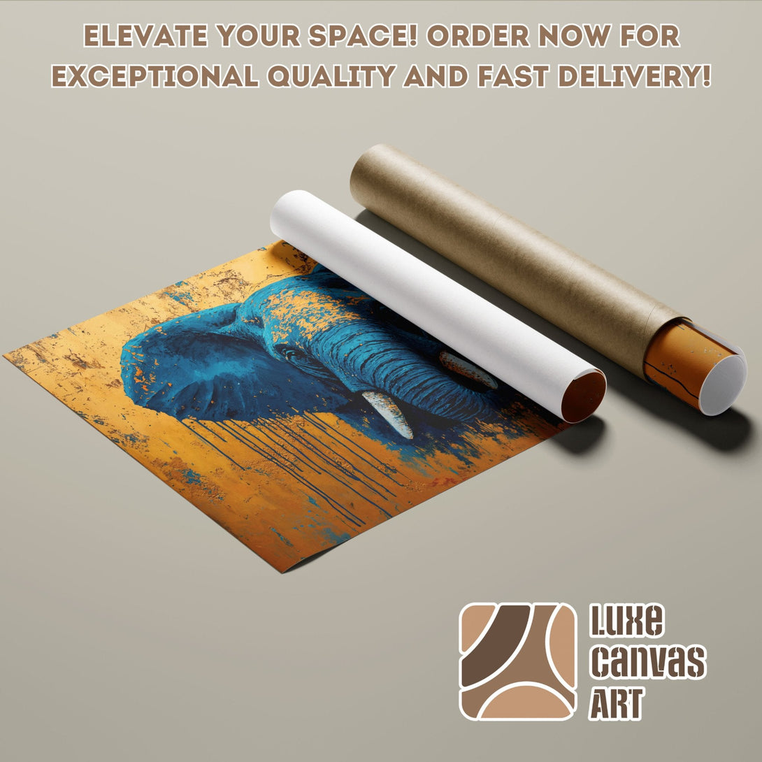 Poster Roll featuring an abstract elephant art print in blue and gold, perfect wall decor.