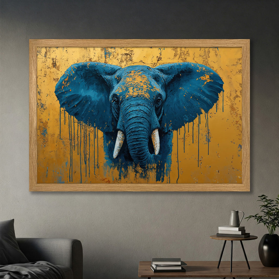 Framed Poster featuring a majestic elephant in blue and gold abstract style, perfect wall art for any room.