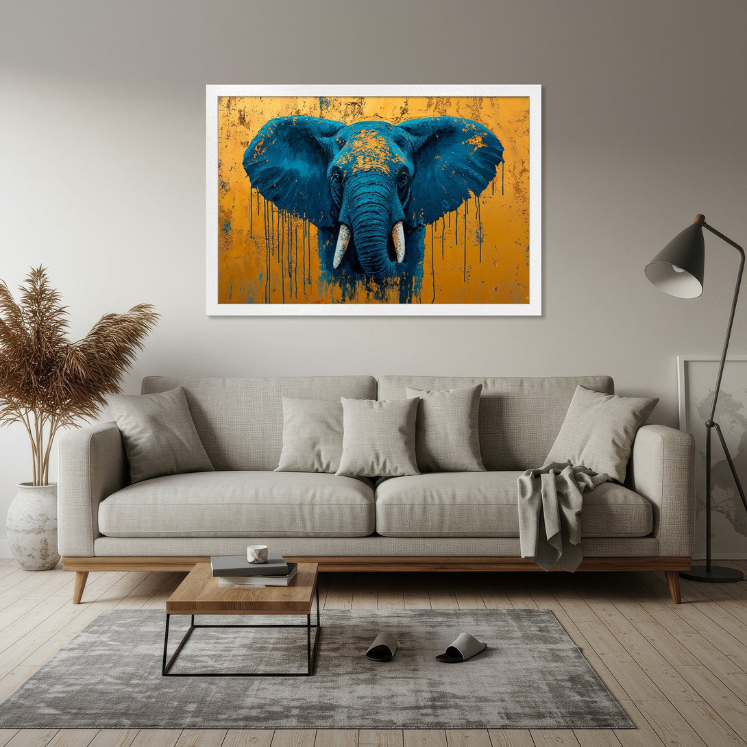 Framed Poster featuring a vibrant blue elephant painting on a gold background. Modern art style with a warm, earthy color palette. Perfect wall decor!