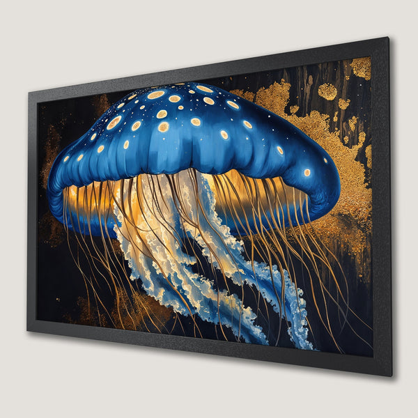 Framed Poster of a vibrant blue jellyfish with gold accents, artistic style, dark and warm color palette. Perfect wall art!