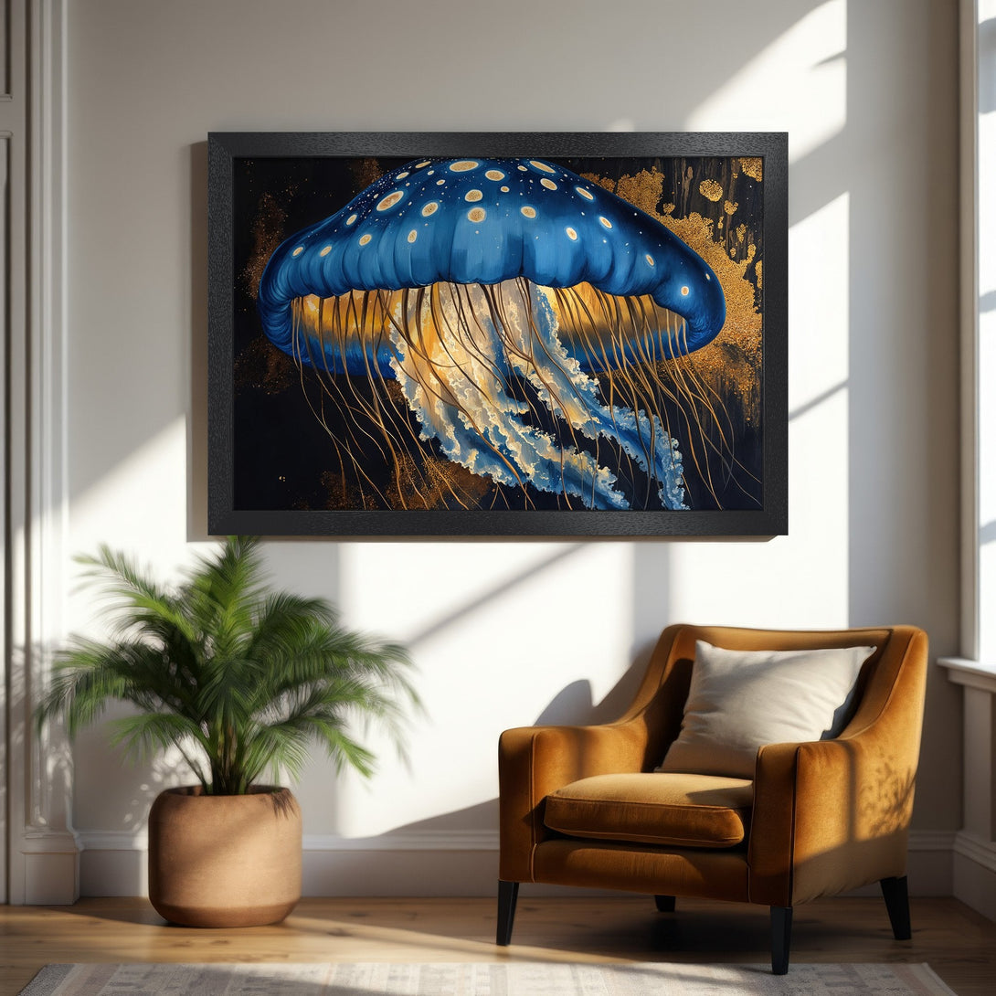 Framed Poster of a vibrant jellyfish in blue and gold tones. Artistic style, perfect for home decor.
