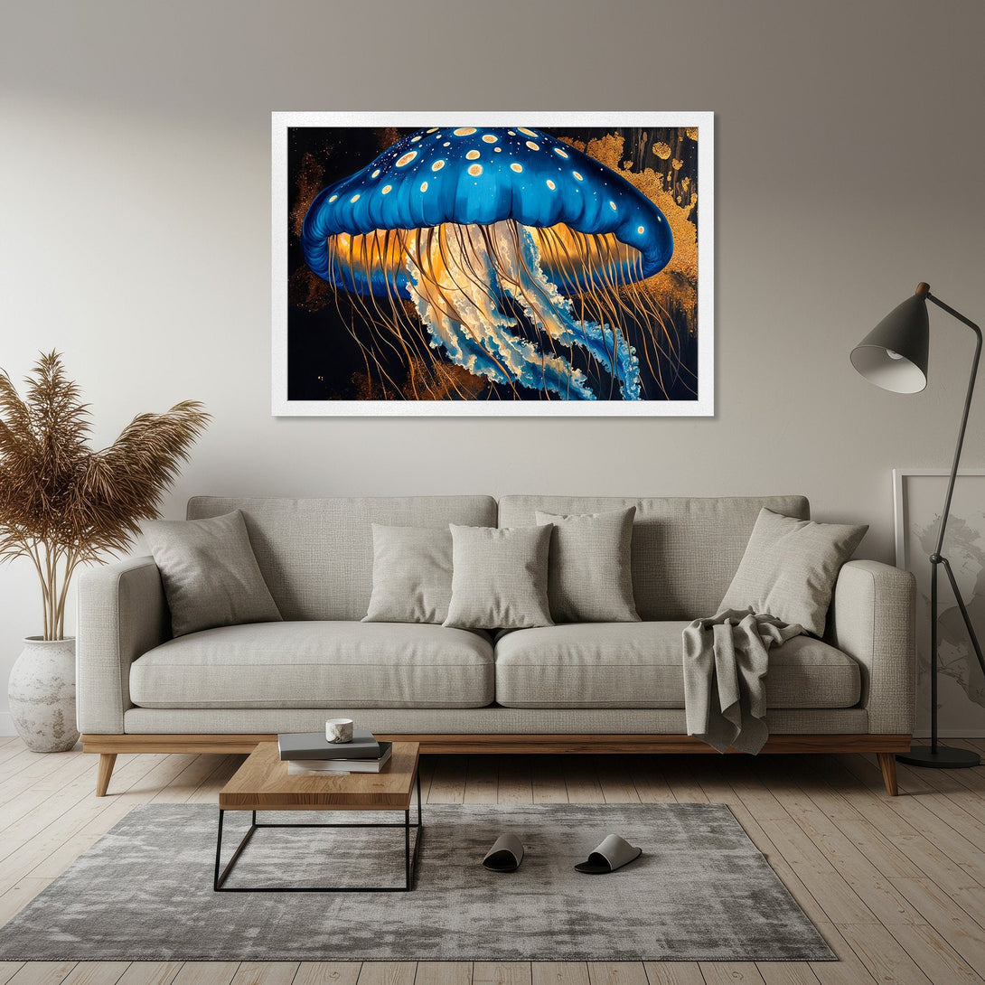 Framed Poster featuring a vibrant blue jellyfish art print. Modern style with gold and black accents. Perfect wall decor!