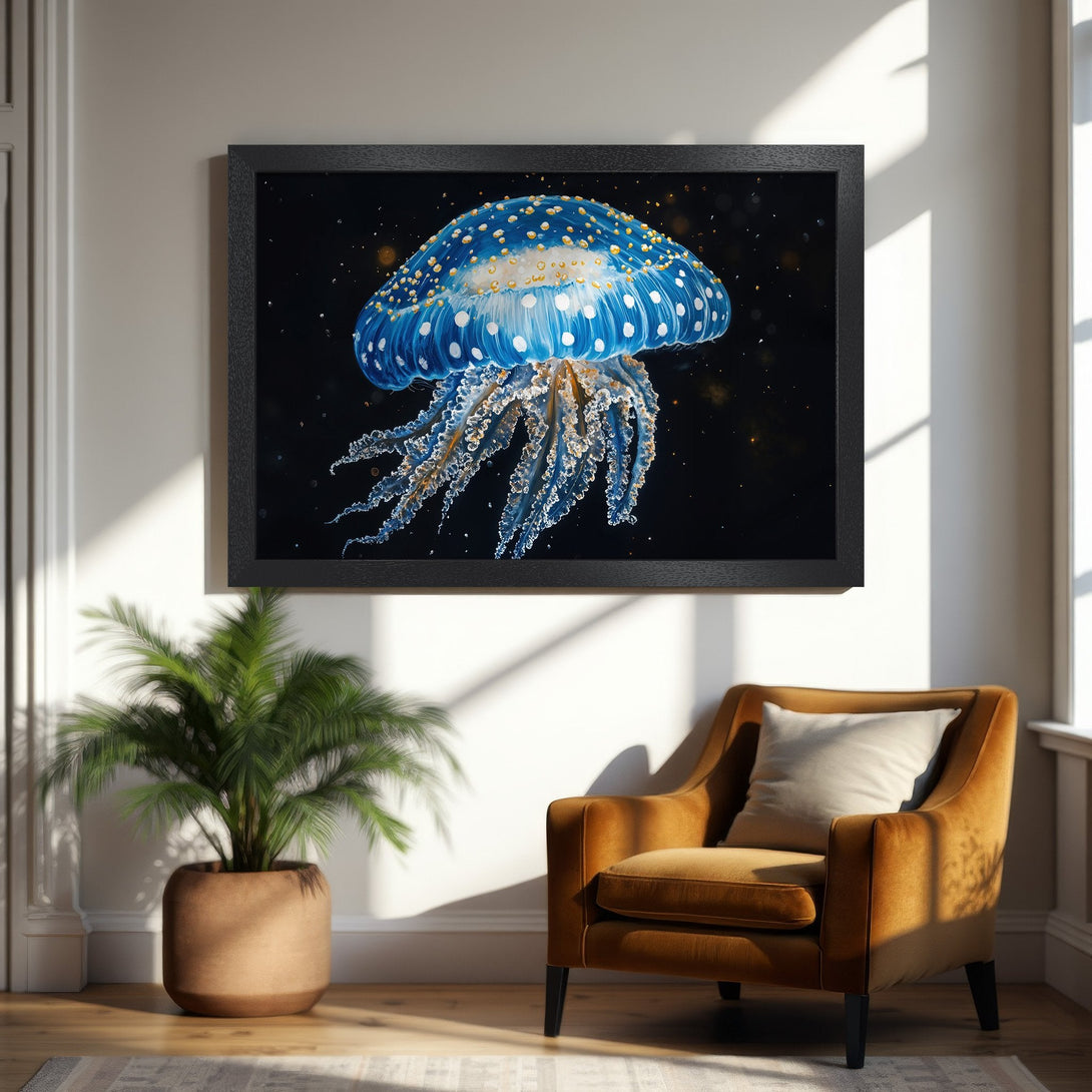 Framed Poster featuring a stunning blue jellyfish against a dark background. Modern style, vibrant blue and gold color palette, perfect wall art.