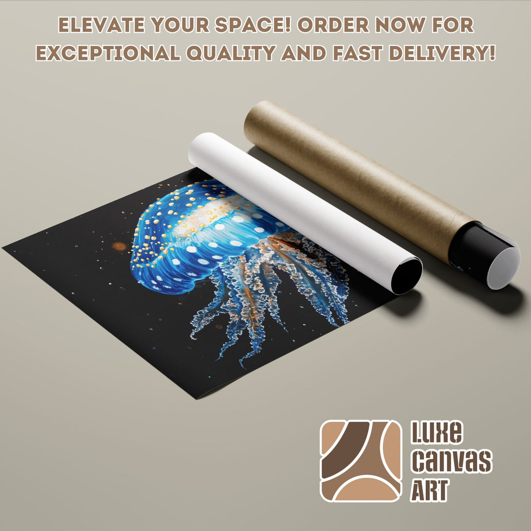Jellyfish Poster Roll art print. Blue, white & gold palette. Elevate your space with this stunning artwork!