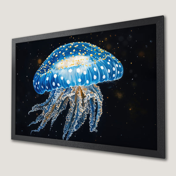 Framed Poster featuring a vibrant jellyfish in blue and gold against a dark background. Stunning art print for your home!