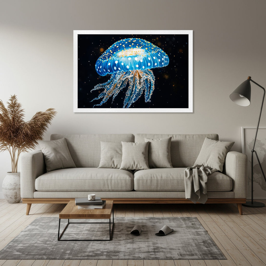 Framed Poster: Stunning jellyfish art print. Blue, white, and gold color palette. Perfect ocean-themed wall decor. Elevate your space with this vibrant Poster!